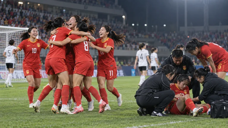 中国U20女足球员庆祝进球并关注伤情